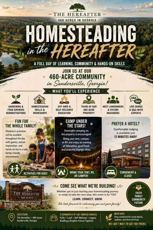 Event flyer for Homesteading in the Hereafter, 460 acres in Sandersville, Georgia